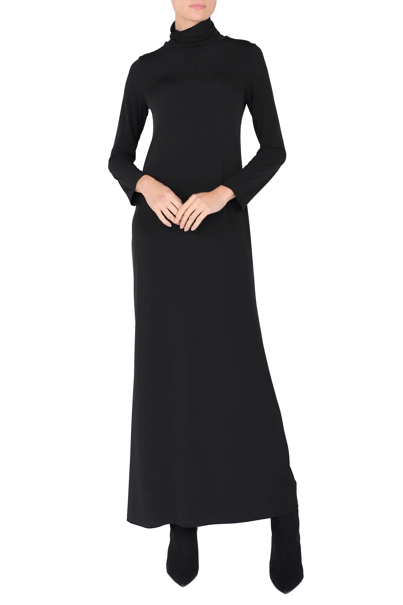 Luxury Black Turtleneck Jersey Maxi Dress for Women Wrinkle Free Travel Dress