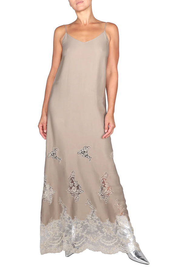 Embroidered Lace Velour Cami Dress in Nude