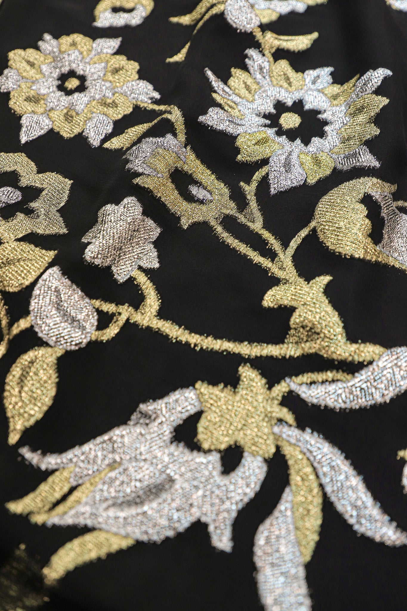 Metallic Floral Bouquet Silk Chiffon Boubou Caftan Luxury Gold and Silver Jacquard Kaftan One Size