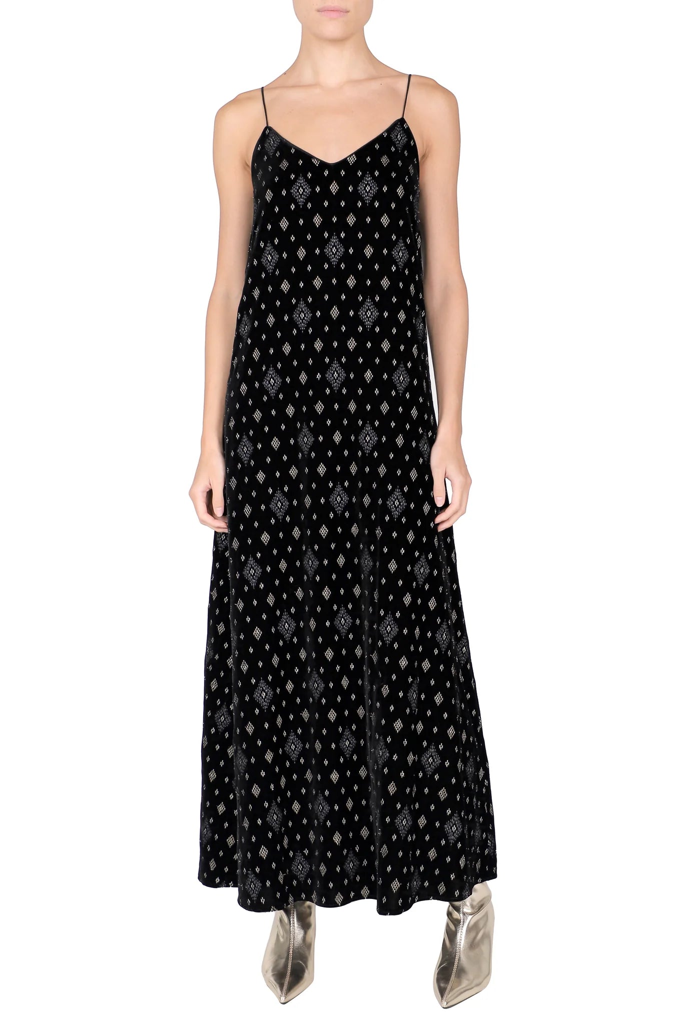 Metallic Embroidered Velour Cami Dress in Black Gold