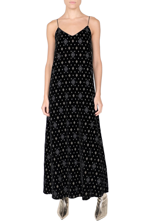 Metallic Embroidered Velour Cami Dress in Black Gold
