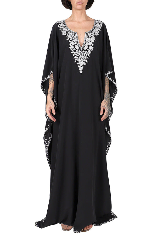 Silk Crepe de Chine Embroidered Boubou Caftan Luxury One Size Silk Kaftan with Detailed Neckline