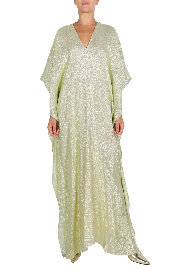 Metallic Lamé Silk Boubou Caftan One Size Luxury Pistachio Evening Kaftan