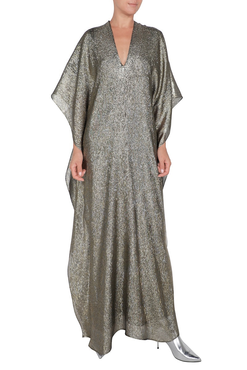 Metallic Lamé Silk Chiffon Boubou Caftan One Size Luxury Gold and Silver Evening Kaftan