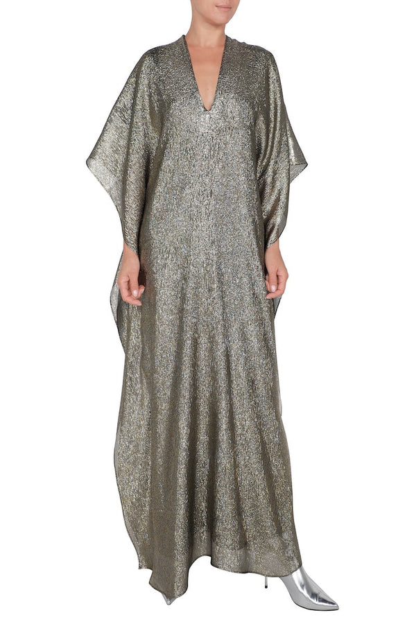 Metallic Lamé Silk Chiffon Boubou Caftan One Size Luxury Gold and Silver Evening Kaftan