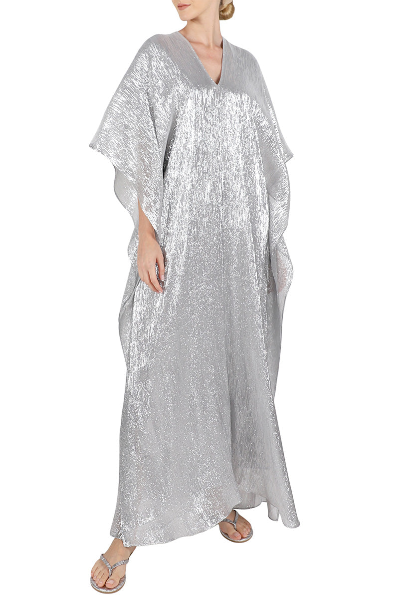 Metallic Lamé Silk Chiffon Boubou Caftan One Size Luxury Silver Evening Kaftan