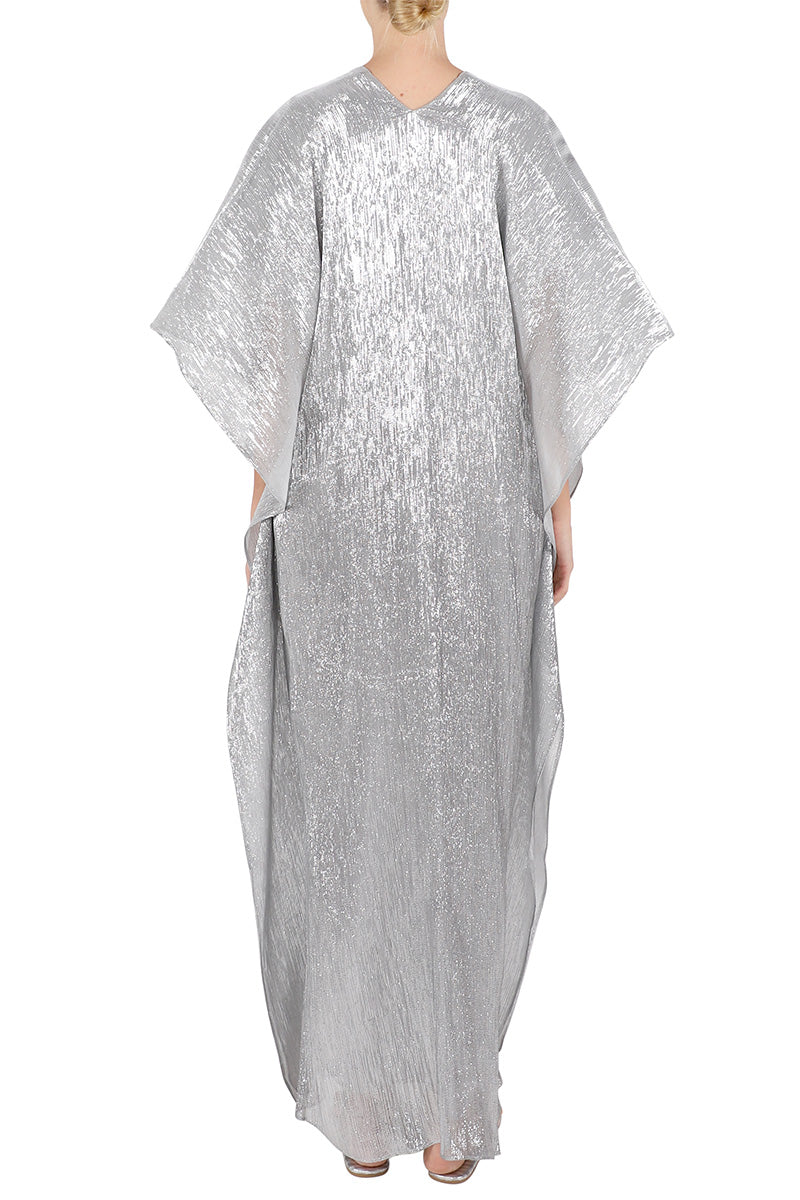 Metallic Lamé Silk Chiffon Boubou Caftan One Size Luxury Silver Evening Kaftan