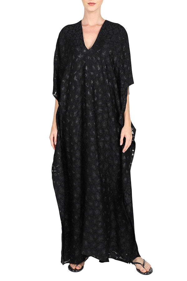 Metallic Small Flower Jacquard Silk Boubou Caftan One Size Luxury Black Evening Kaftan
