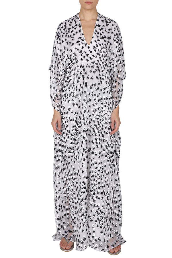 Metallic Little Flower Silk Velour Devore Boubou Caftan One Size Luxury Black Evening Kaftan