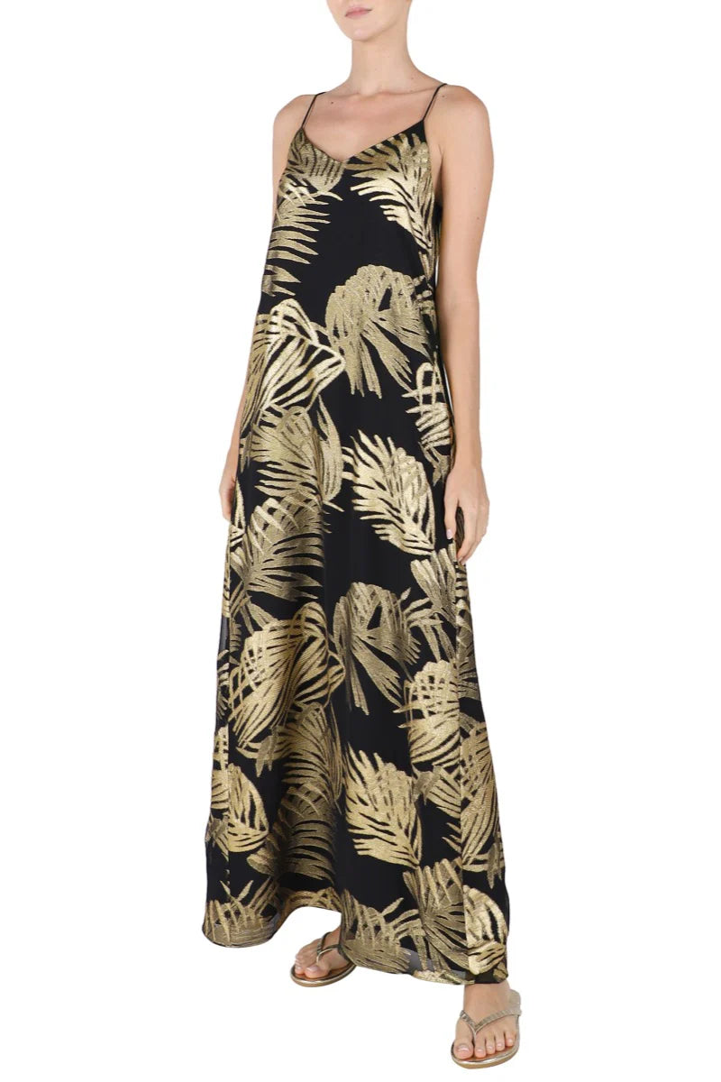 Lurex Palm Racer Back Sun Dress in Black and Gold
