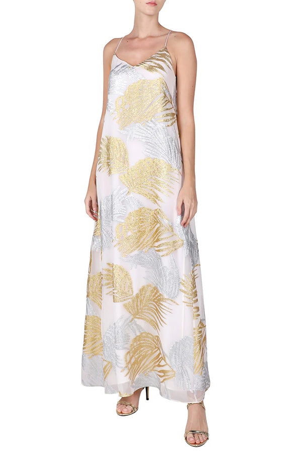 Lurex Palm Racer Back Sun Dress in White Gold and Silver