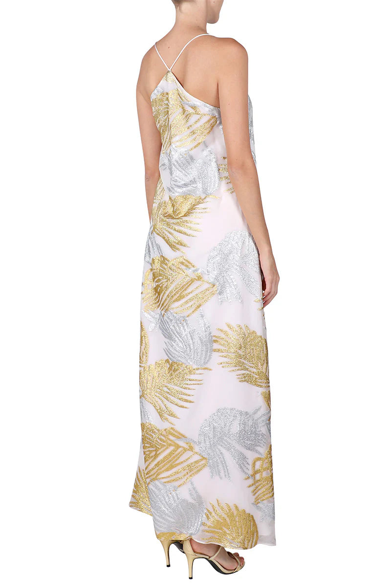 Lurex Palm Racer Back Sun Dress in White Gold and Silver