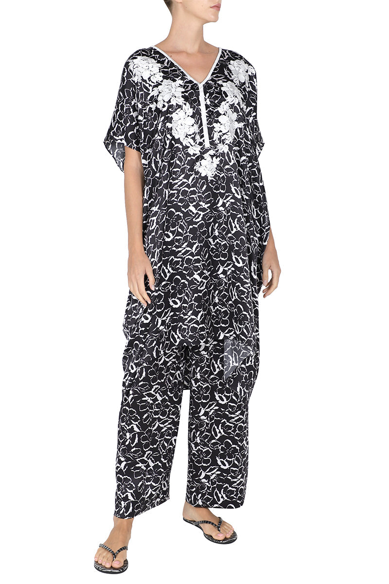 Midi Silk Satin Embroidered Boubou Caftan One Size Luxury Black Evening Kaftan