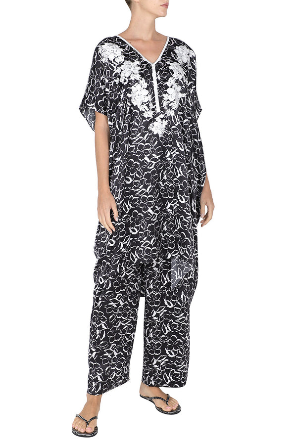 Midi Silk Satin Embroidered Boubou Caftan One Size Luxury Black Evening Kaftan