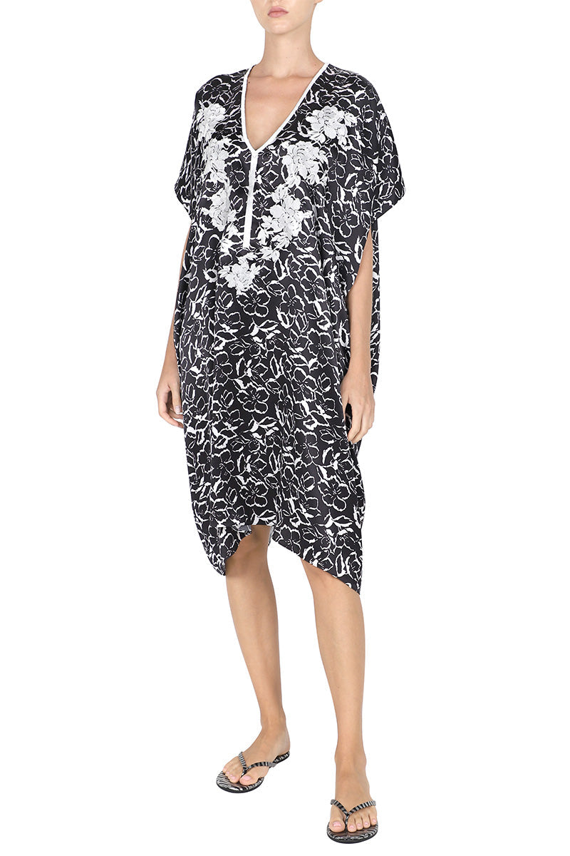 Midi Silk Satin Embroidered Boubou Caftan One Size Luxury Black Evening Kaftan