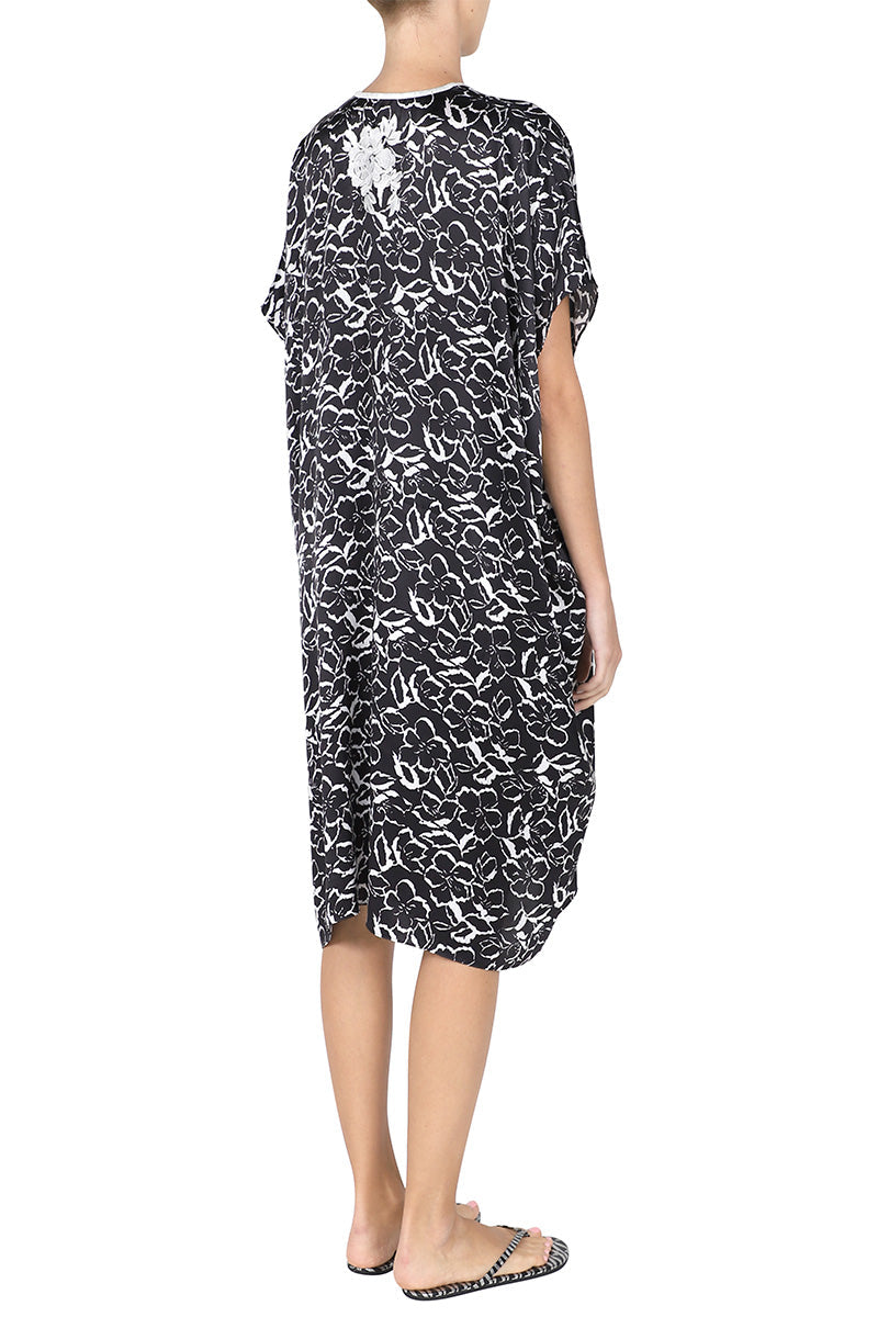 Midi Silk Satin Embroidered Boubou Caftan One Size Luxury Black Evening Kaftan