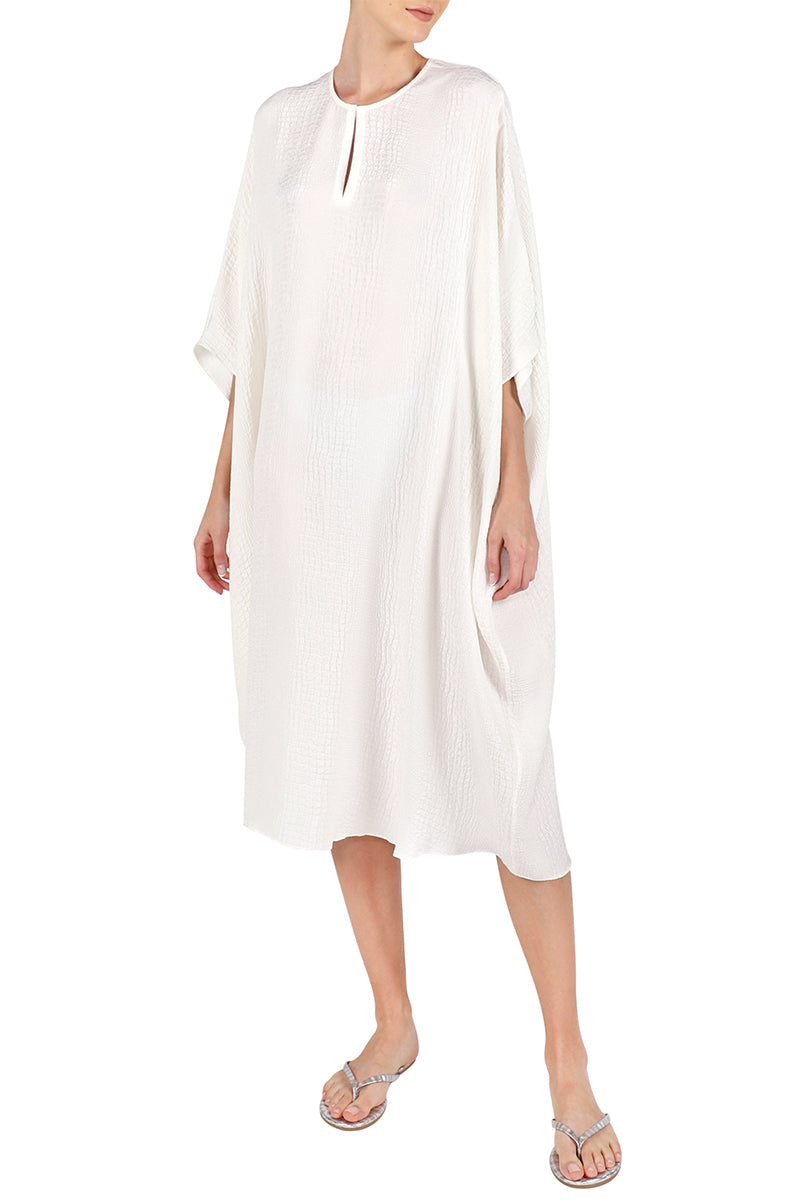Croco Patterned Silk Midi Boubou Caftan One Size Luxury White Evening Kaftan
