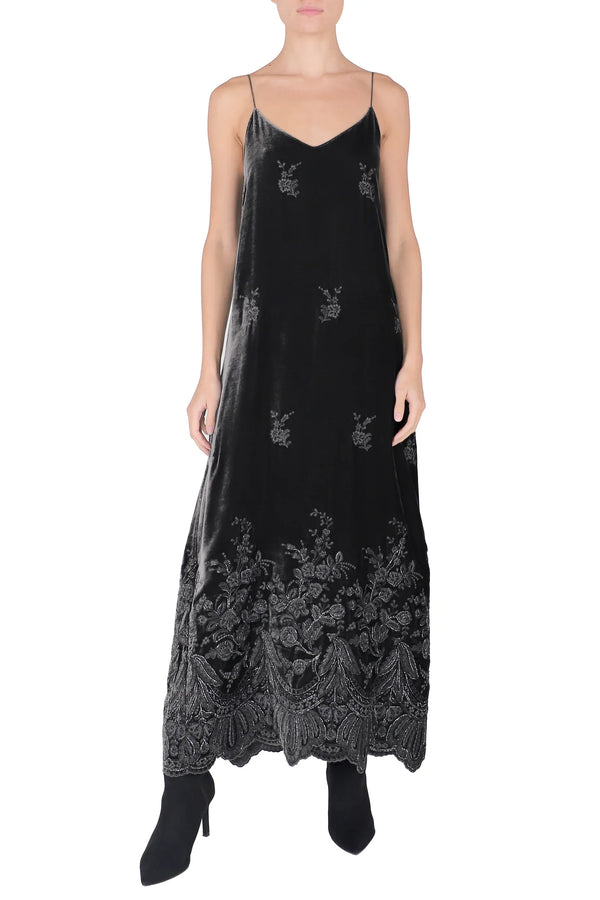 Embroidered Velvet Cami Dress in Dark Grey Silver