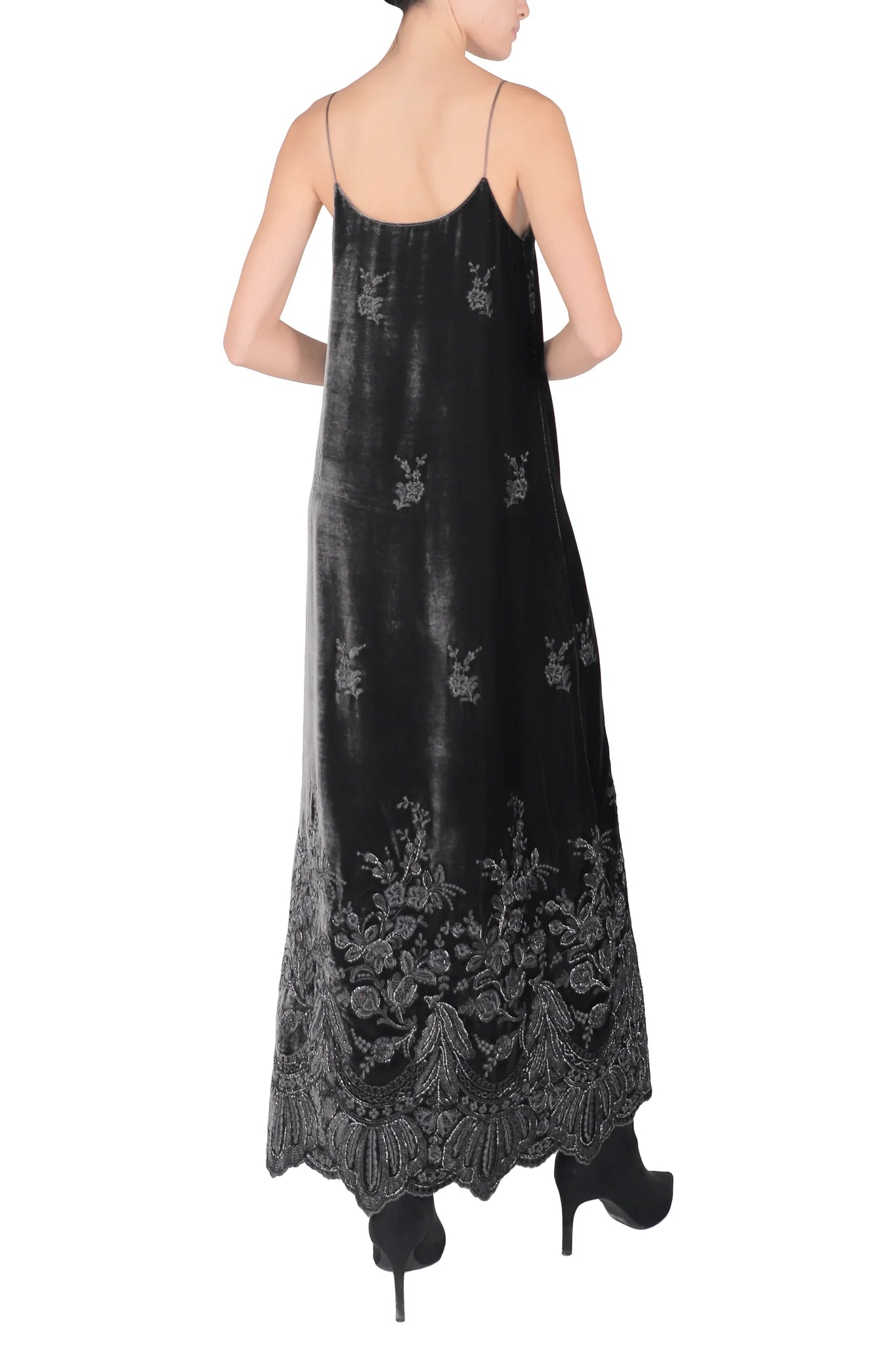 Embroidered Velvet Cami Dress in Dark Grey Silver
