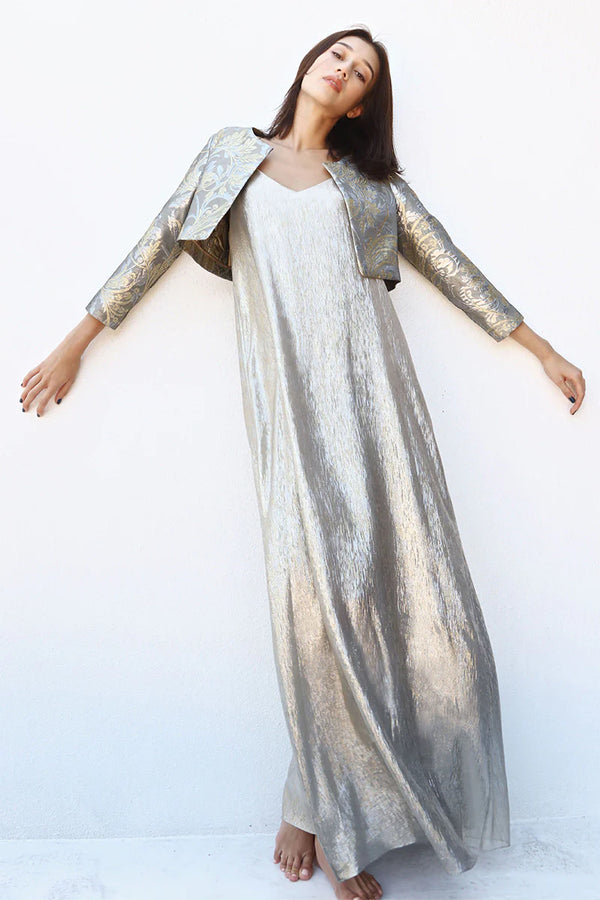 Metallic Racer Back Sun Dress in Silver