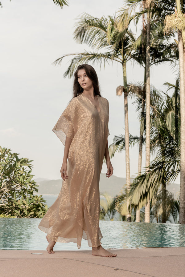 Metallic Lamé Silk Boubou Caftan One Size Luxury Rose Gold Evening Kaftan