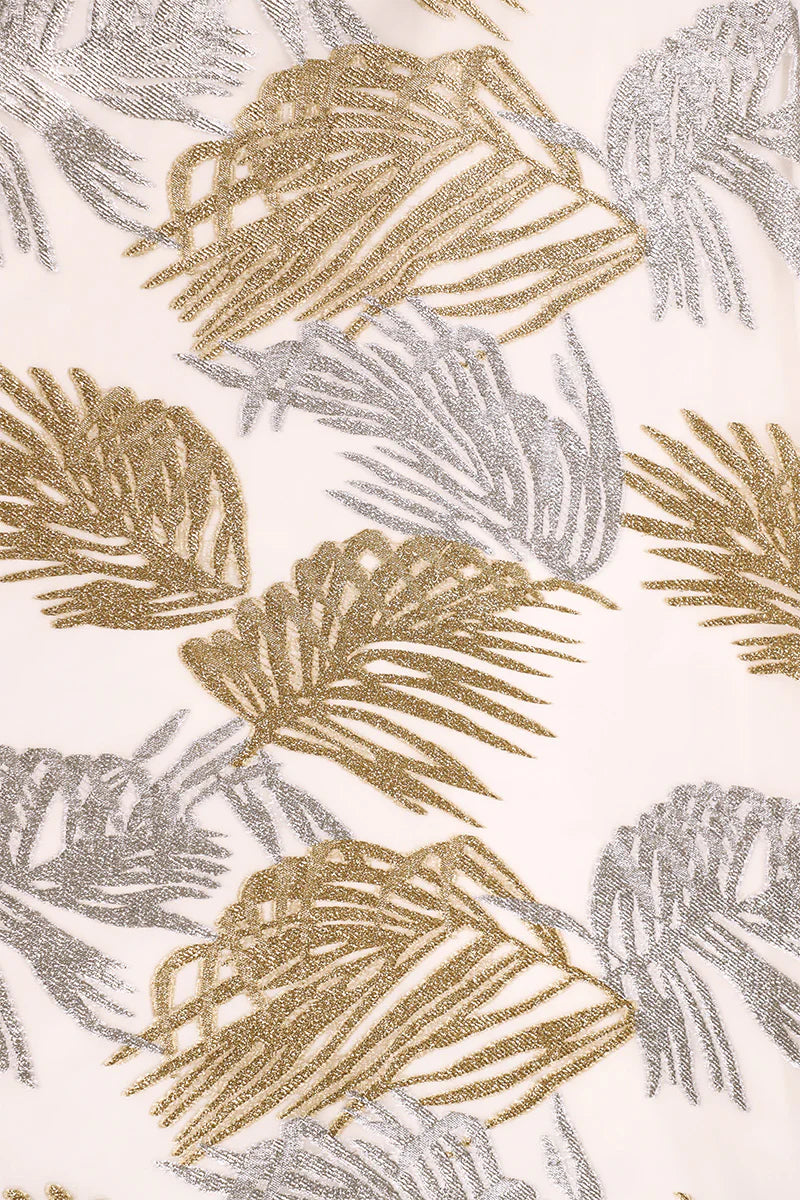 Lurex Palm Racer Back Sun Dress in White Gold and Silver