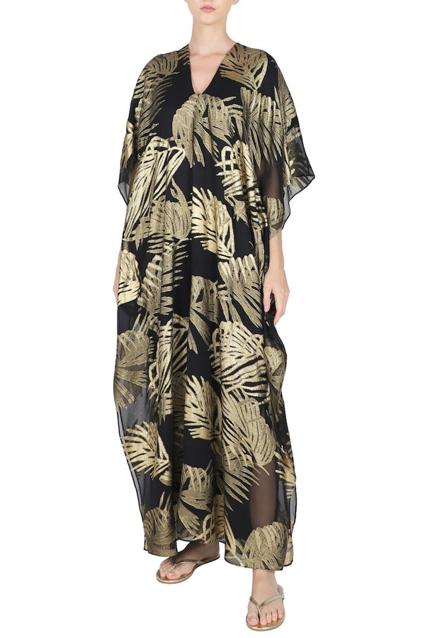 Metallic Palm Silk Chiffon Boubou Caftan Black and Gold Luxury One Size Evening Kaftan