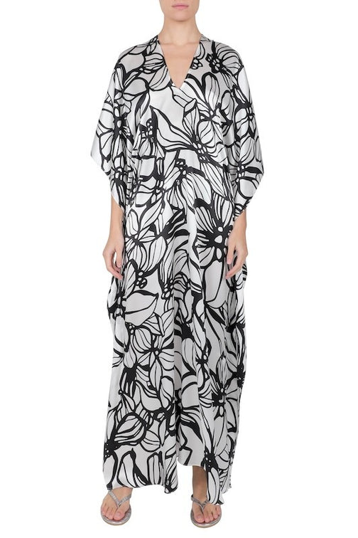 Silk Satin Hibiscus Boubou Caftan (Hibiscus White Black)