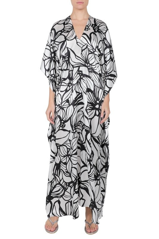 Silk Satin Hibiscus Boubou Caftan (Hibiscus White Black)