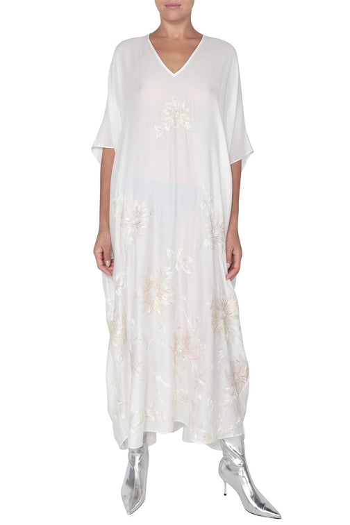 Embroidered Soft Wool Boubou (White Gold Silver)