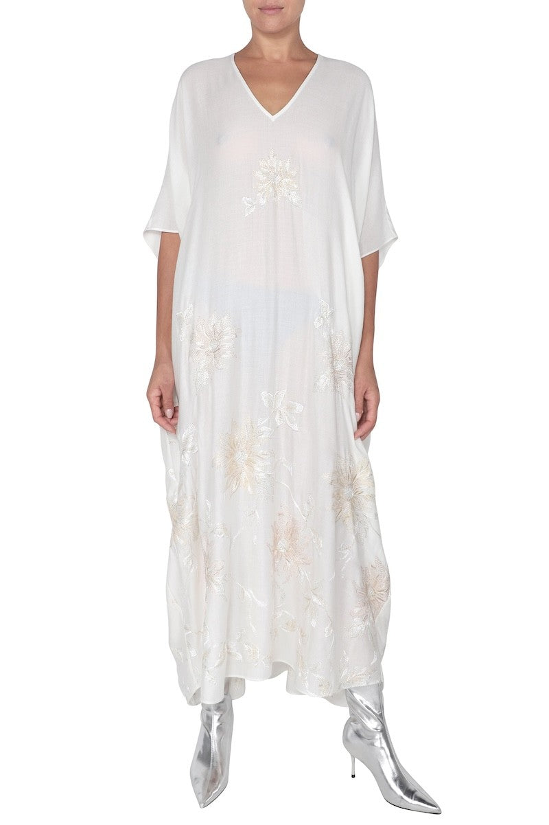 Embroidered Soft Wool Boubou (White Gold Silver)