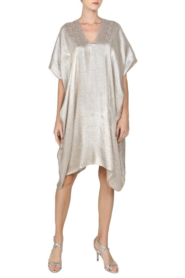 Midi Metallic Silk Chiffon Boubou Caftan One Size Luxury Nude Evening Kaftan