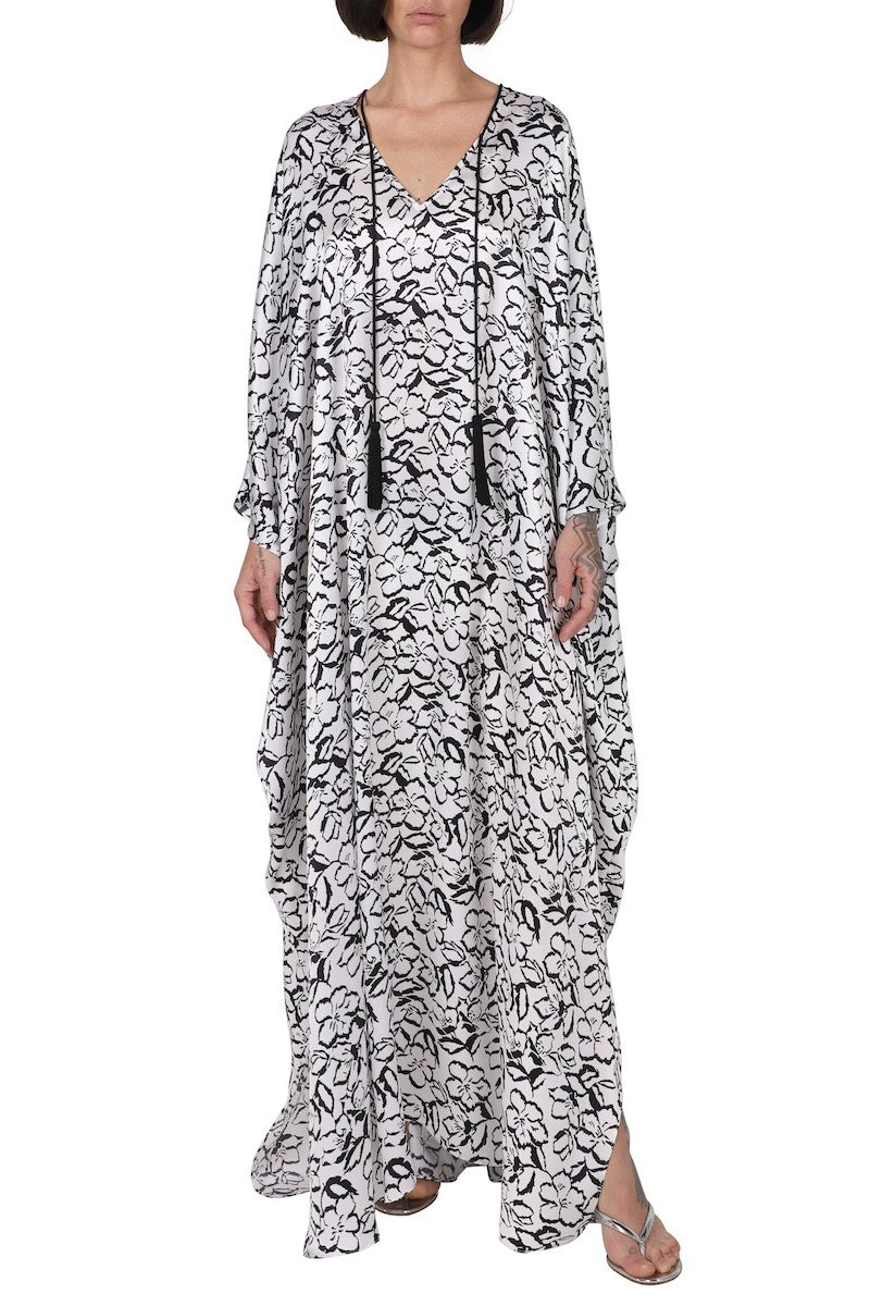 Printed Satin-Boubou with Tassels ( White Black)