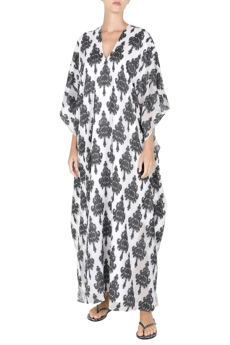 Zatic Lurex Silk Chiffon Boubou Caftan One Size Luxury White and Black Jacquard Kaftan