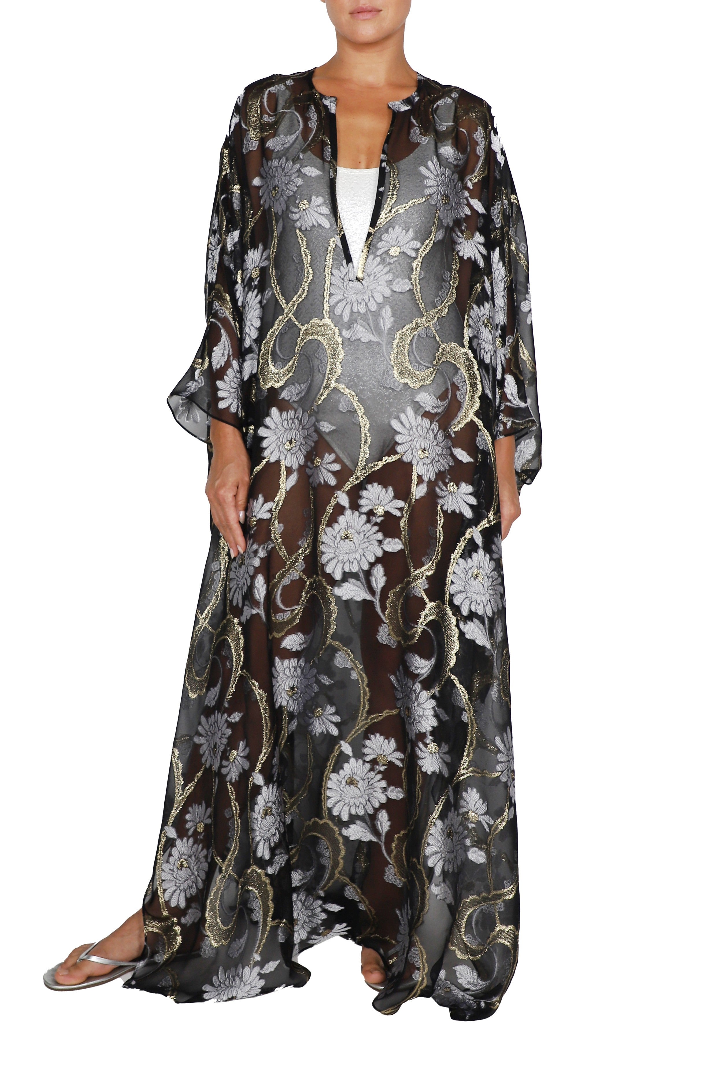 Silk Chiffon Oversized Boubou Caftan (Black Gold Silver)