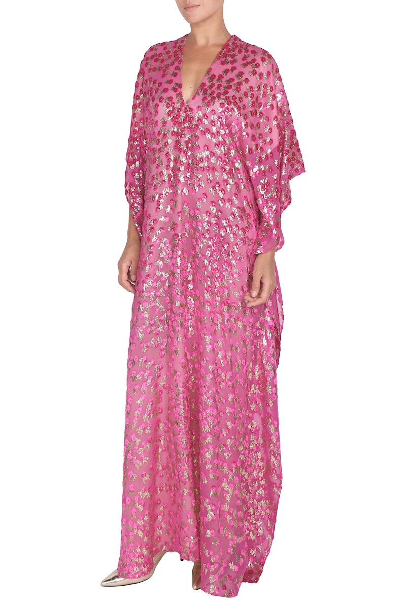 Silk Velour Devore Metallic Little Flowers Boubou Caftan One Size Luxury Evening Kaftan