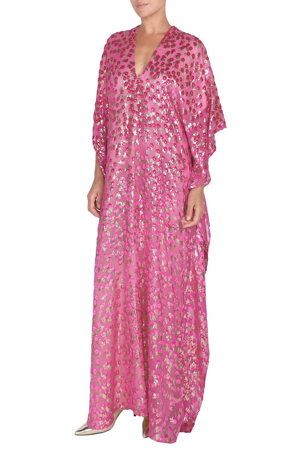 Silk Velour Devore Metallic Little Flowers Boubou Caftan One Size Luxury Evening Kaftan