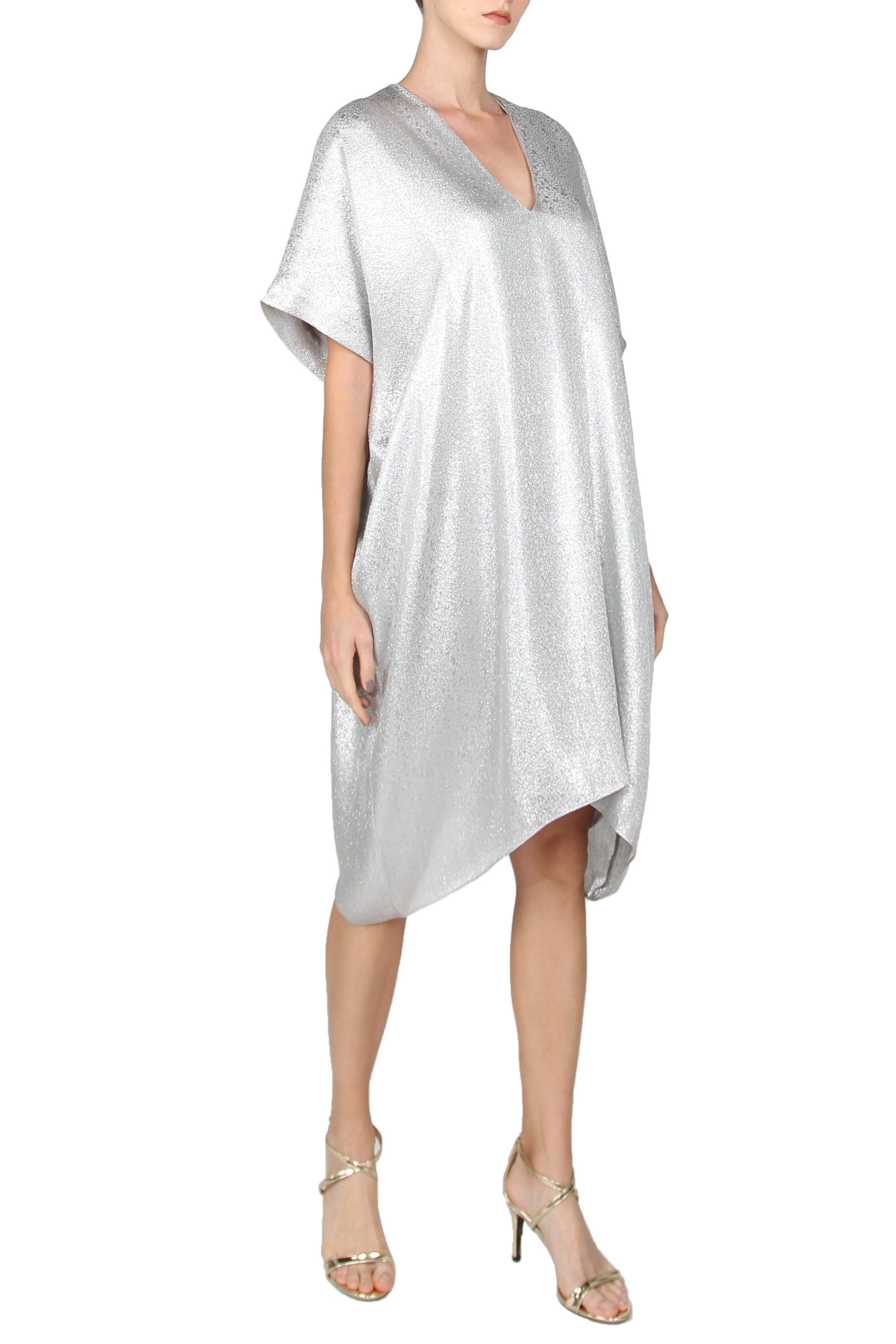 Midi Metallic Silk Chiffon Boubou Caftan One Size Luxury Silver Evening Kaftan