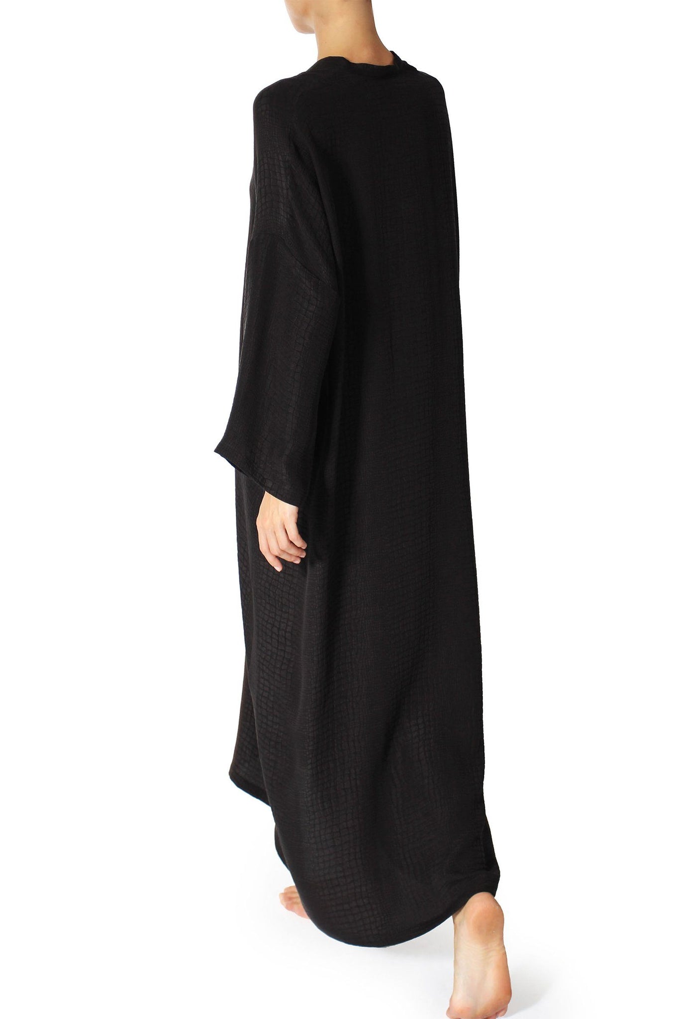 Silk Croco Jacquard Long Sleeve Boubou Caftan One Size Luxury Black Full-Length Kaftan