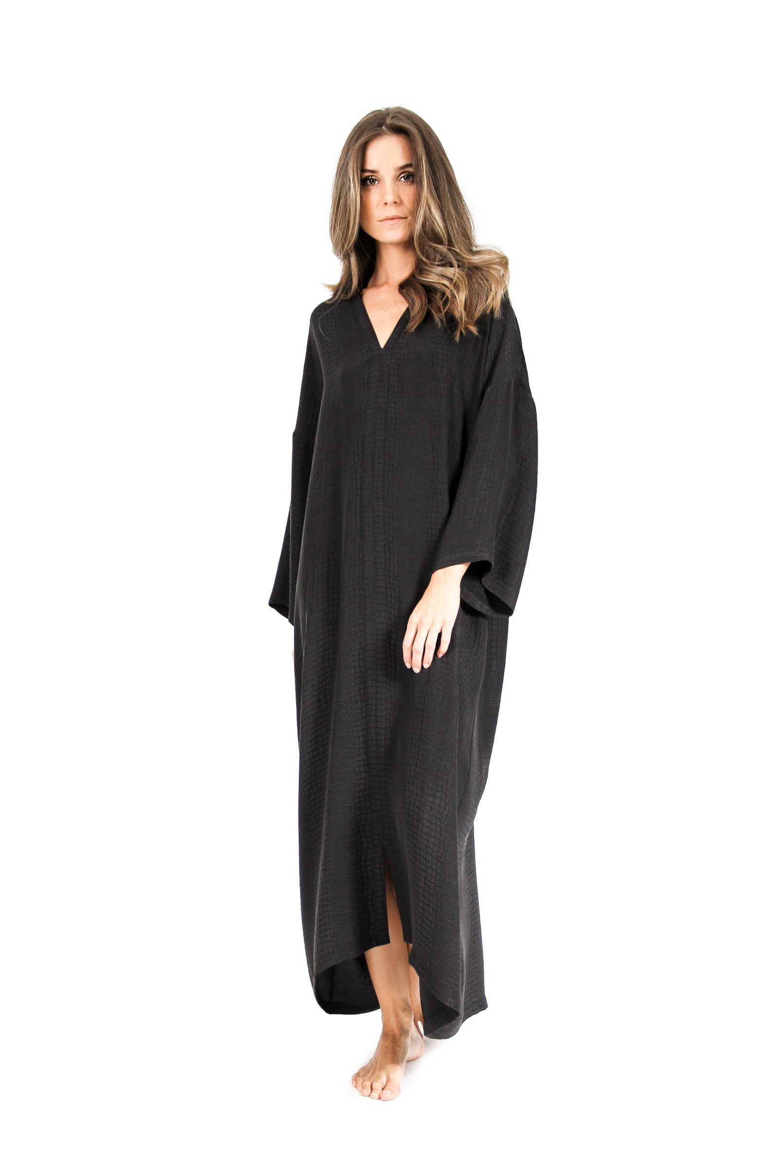 Silk Croco Jacquard Long Sleeve Boubou Caftan One Size Luxury Black Full-Length Kaftan