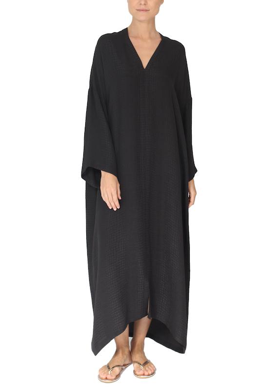 Silk Croco Jacquard Long Sleeve Boubou Caftan One Size Luxury Black Full-Length Kaftan
